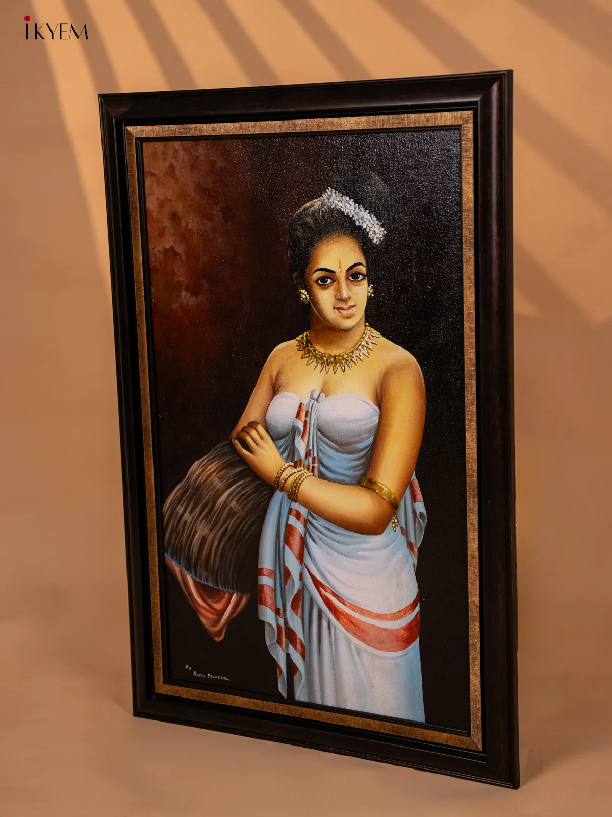 A Full Painted Artwork Lady with a Poo Koodai - (29.3×19.6) Inch  - 3F4028 - Image 5