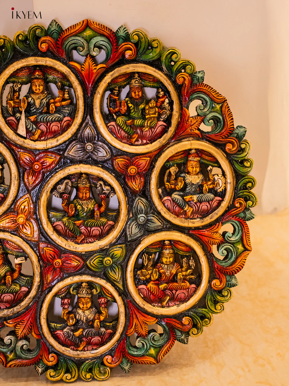 Hand-Painted Wooden Ashtalakshmi Circular Panel - 30 Inch - KF19113 - Image 4
