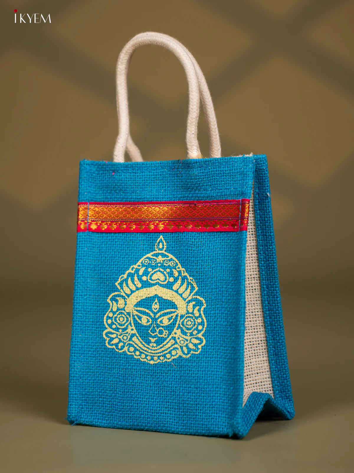 Vibrant Blue Maa Durga Printed Jute Bags - 8 Inch - KG08116 - Image 3