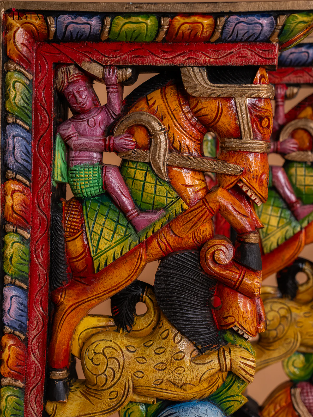 Painted Horse & Yazhi with Peacock Wooden Hand Carved Wall Bracket - KD18129 - Image 3