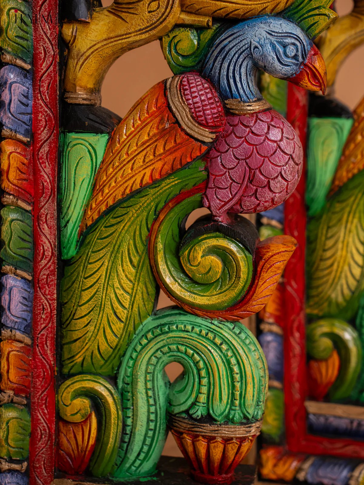 Painted Horse & Yazhi with Peacock Wooden Hand Carved Wall Bracket - KD18129 - Image 4