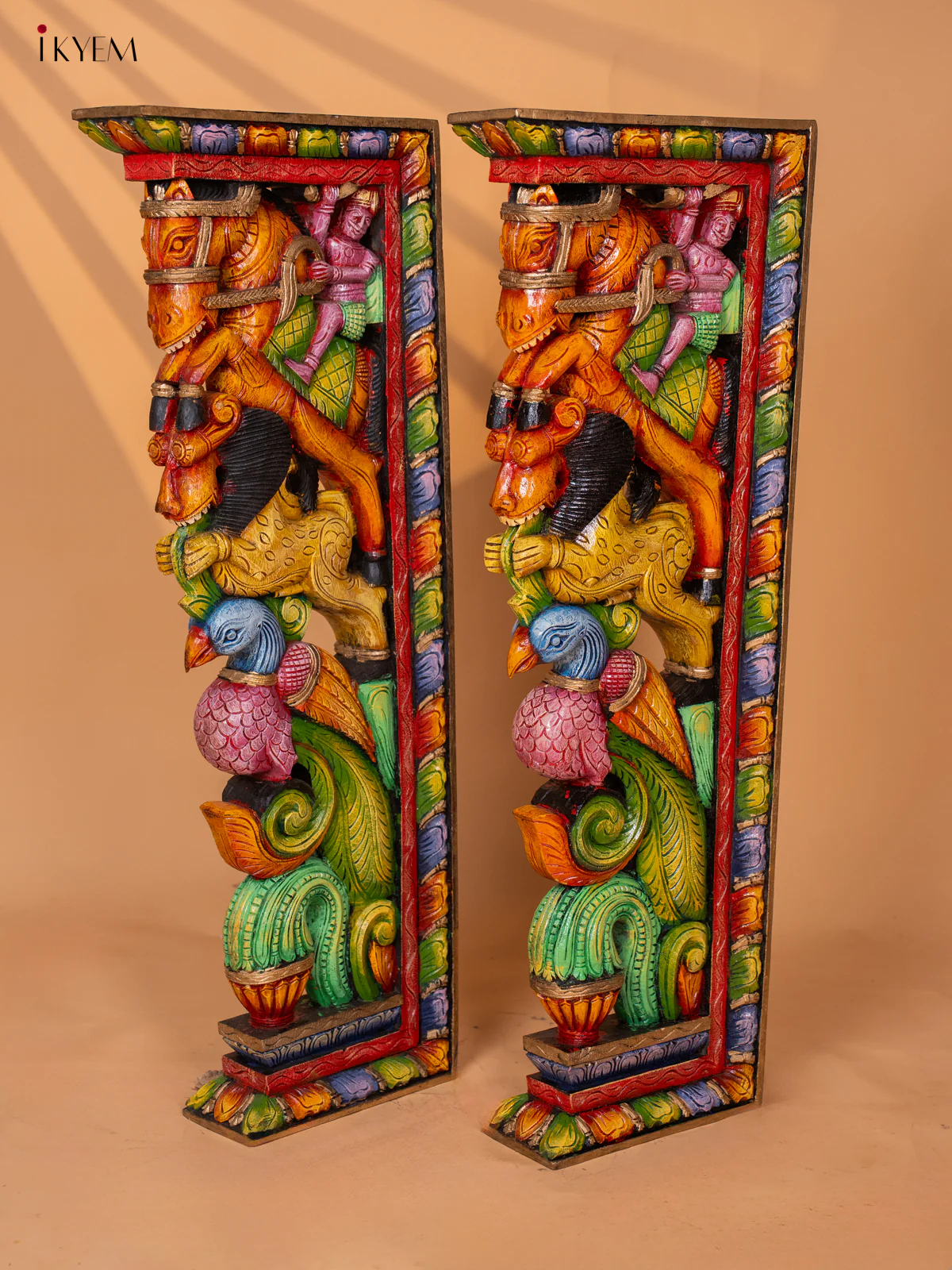 Painted Horse & Yazhi with Peacock Wooden Hand Carved Wall Bracket - KD18129 - Image 6
