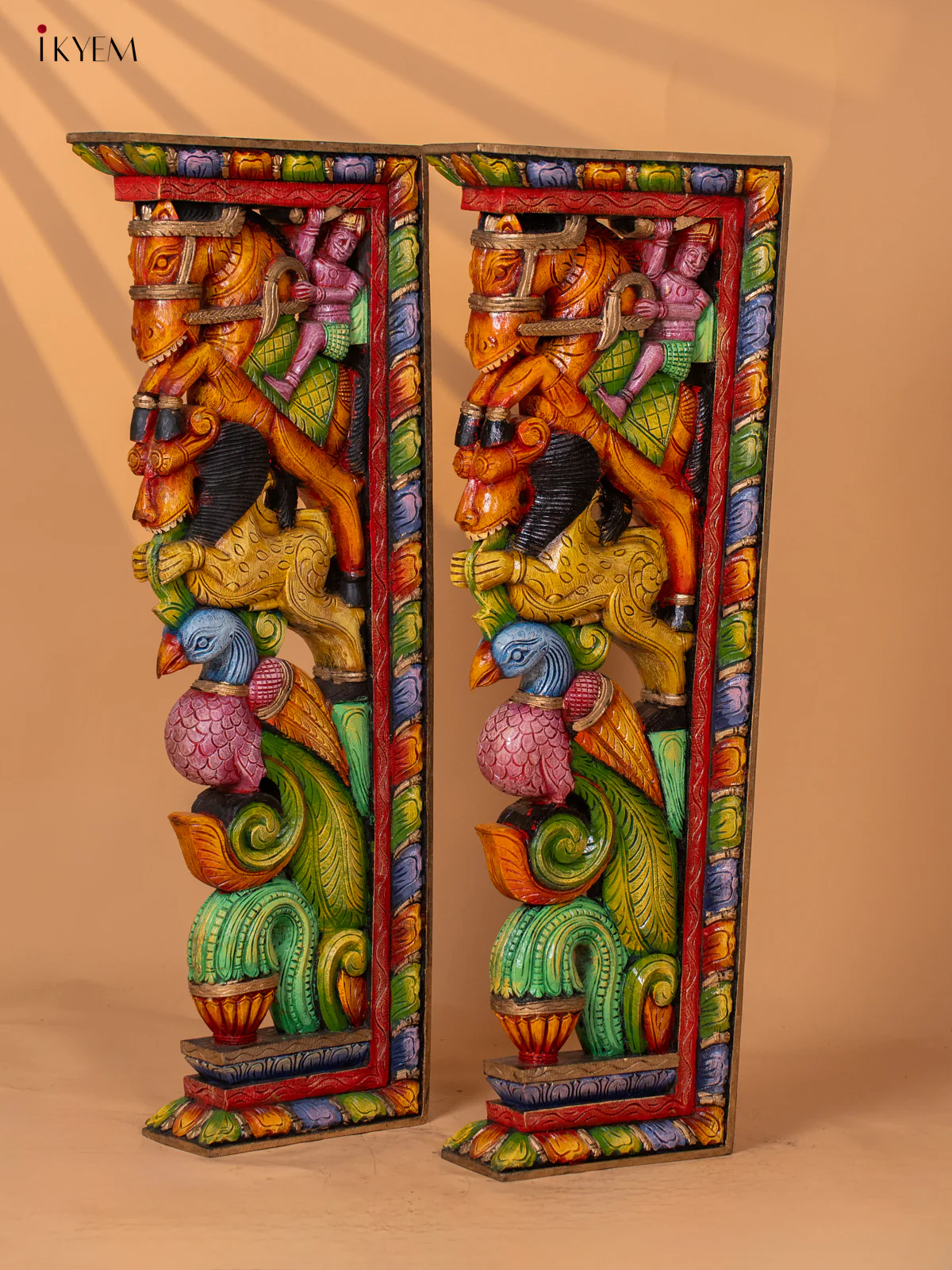 Painted Horse & Yazhi with Peacock Wooden Hand Carved Wall Bracket - KD18129 - Image 7