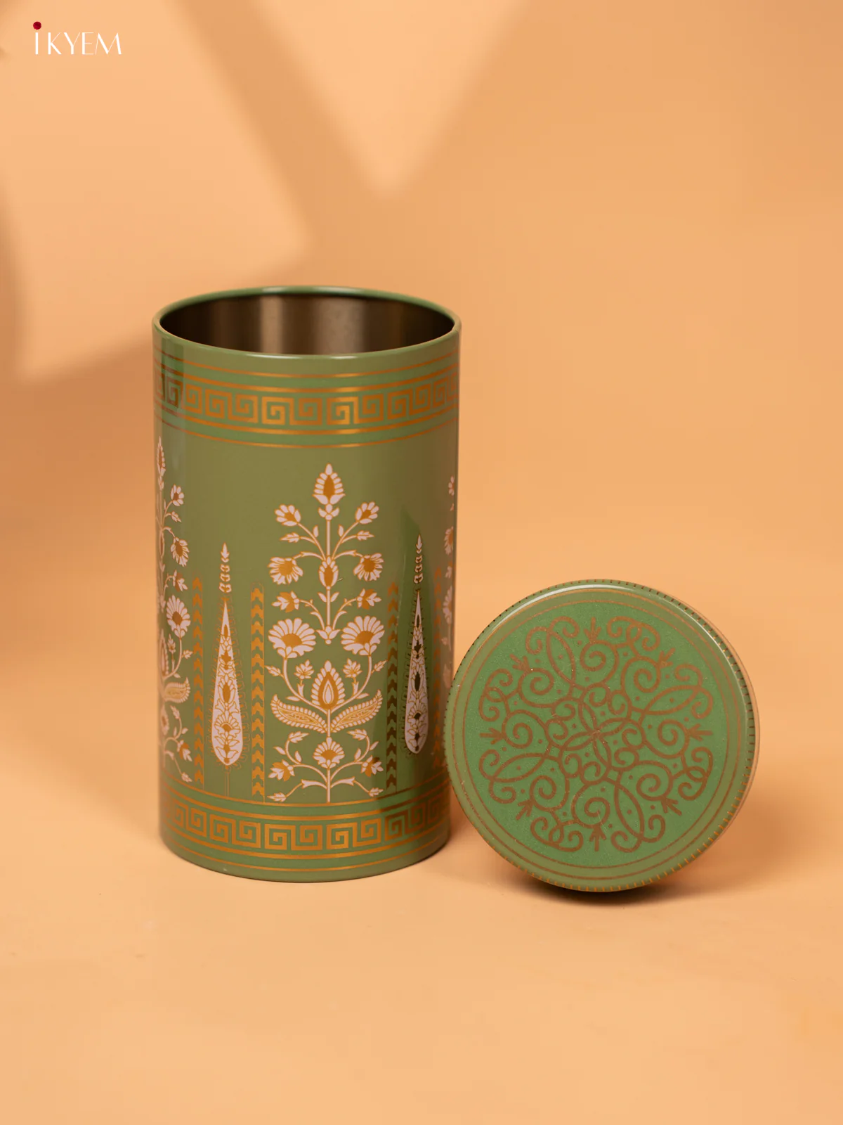 Digital Printed Dry Fruit Tin Jar Cylinder Big - Green 6 Inch- KB27123 - Image 3