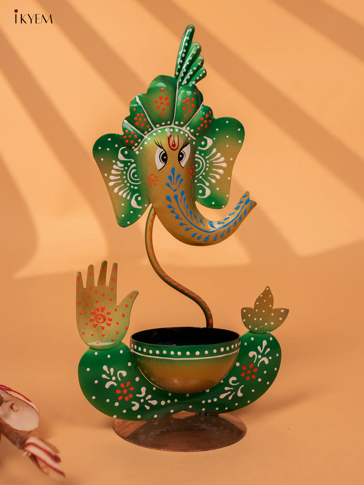 Hand-Painted Iron Ganesha T-Light Holder - Green - 11 Inches - KC20147 - Image 4