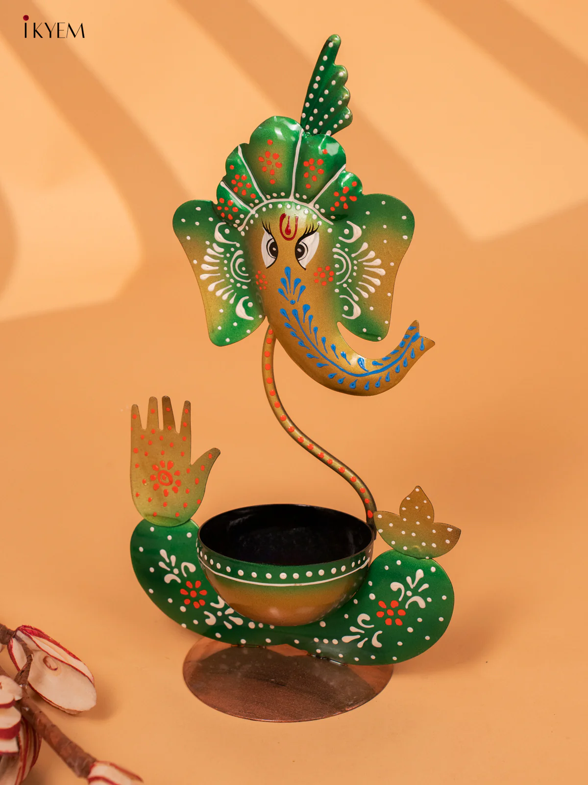Hand-Painted Iron Ganesha T-Light Holder - Green - 11 Inches - KC20147 - Image 5
