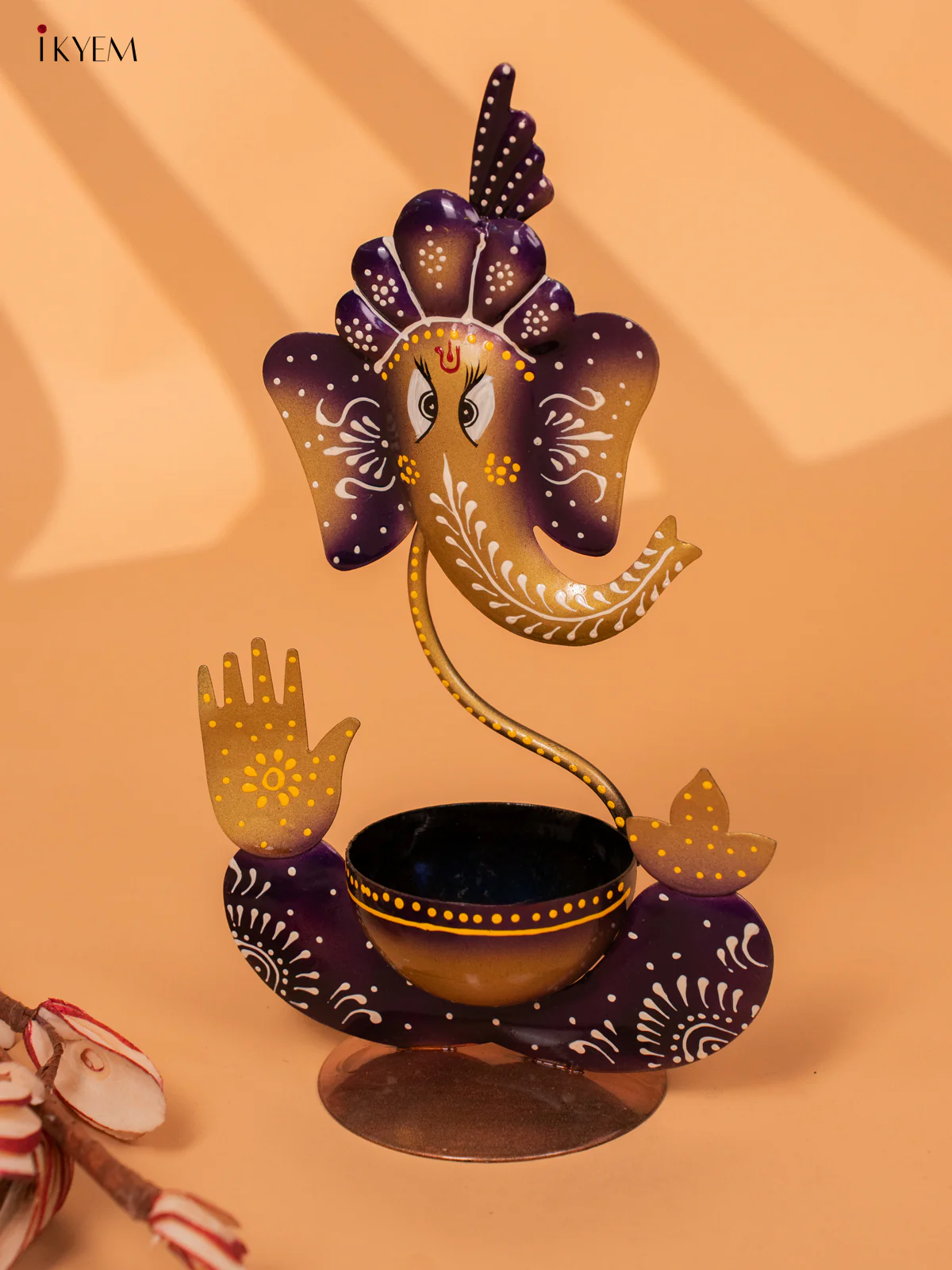 Hand-Painted Iron Ganesha T-Light Holder - Violet - 11 Inches - KC20149 - Image 5