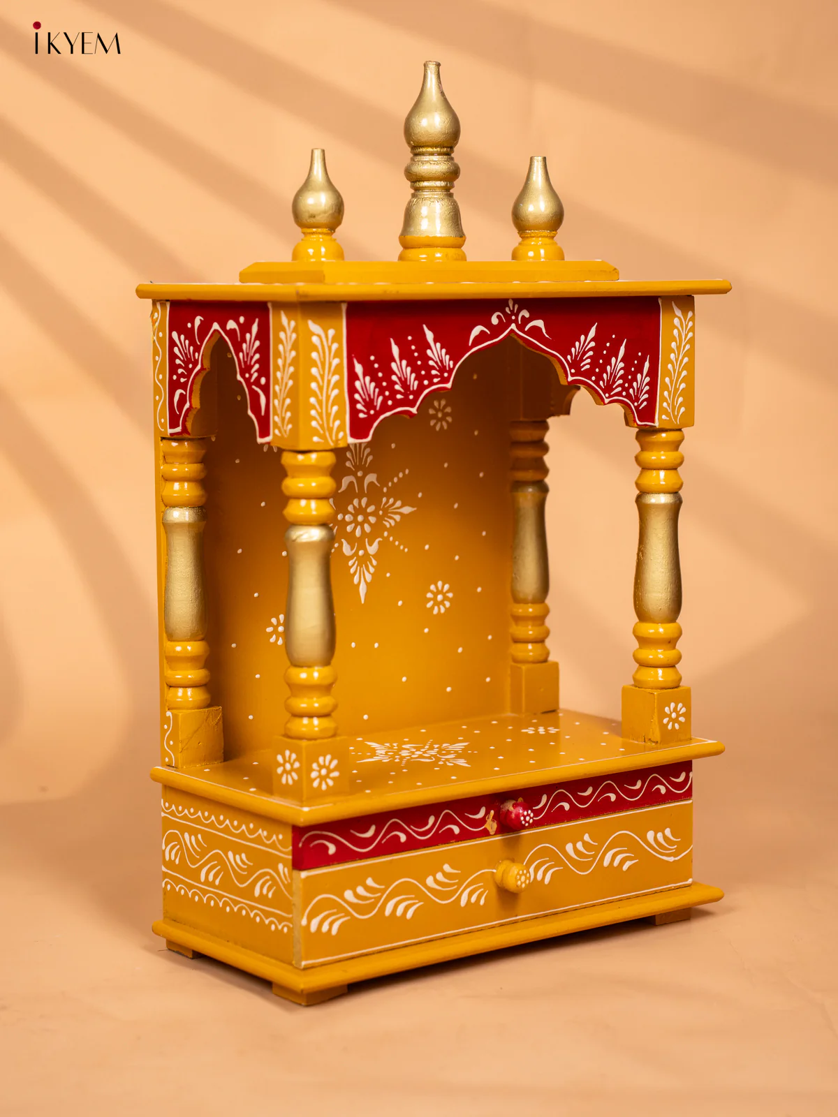 Hand‑Painted Wooden Pooja Mandapam with Drawer - Yellow - 19 Inches - KC20166 - Image 3