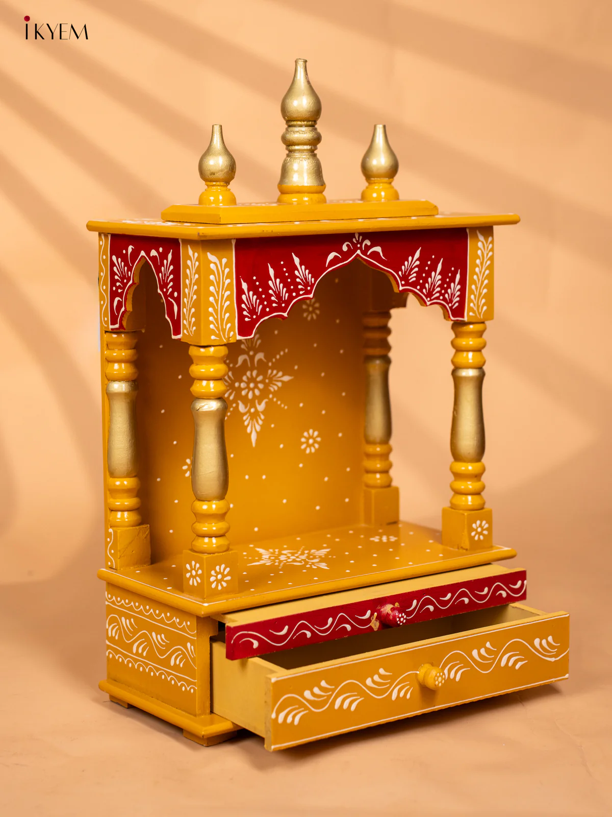 Hand‑Painted Wooden Pooja Mandapam with Drawer - Yellow - 19 Inches - KC20166 - Image 4