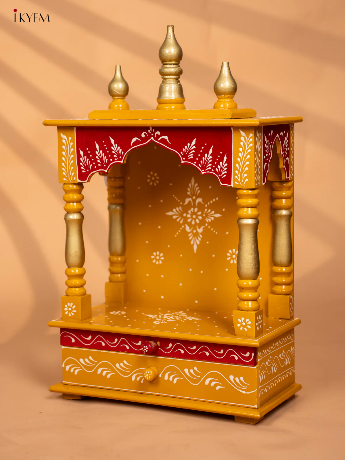 Hand‑Painted Wooden Pooja Mandapam with Drawer - Yellow - 19 Inches - KC20166 - Image 5