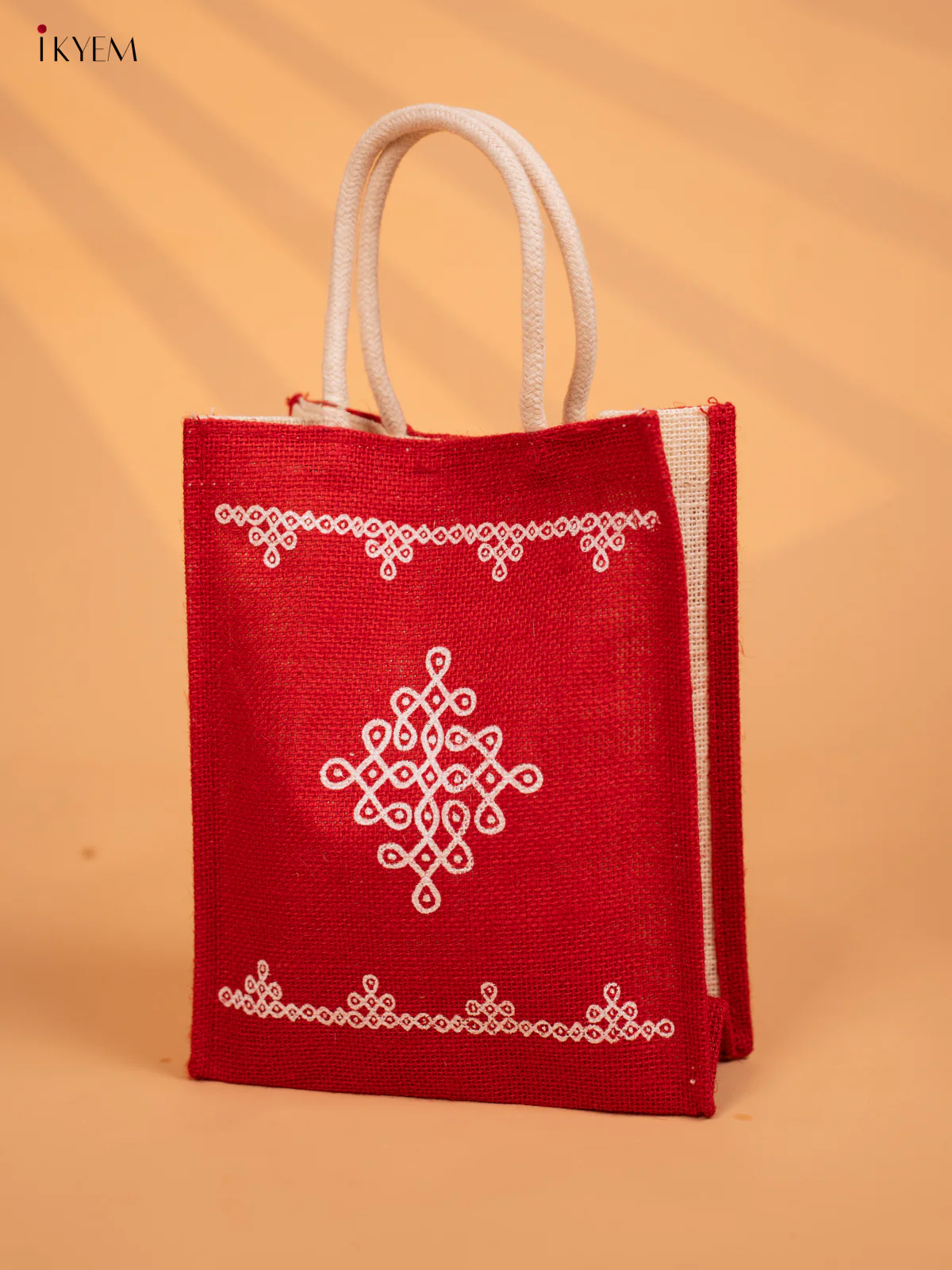 Traditional Kolam Printed Red Jute Bags - KD04121 - Image 3