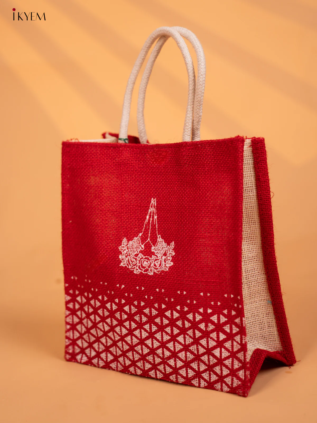 Elegant Namaste Printed Red Jute Bag - 10 Inch  KD04131 - Image 3