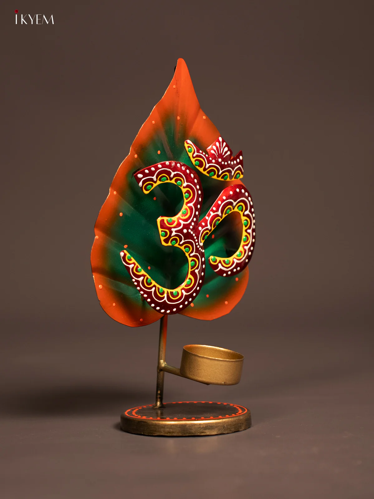 Hand-Painted Leaf Om Metal T-Light Candle Holder - 9.5 Inch - KE24119 - Image 3