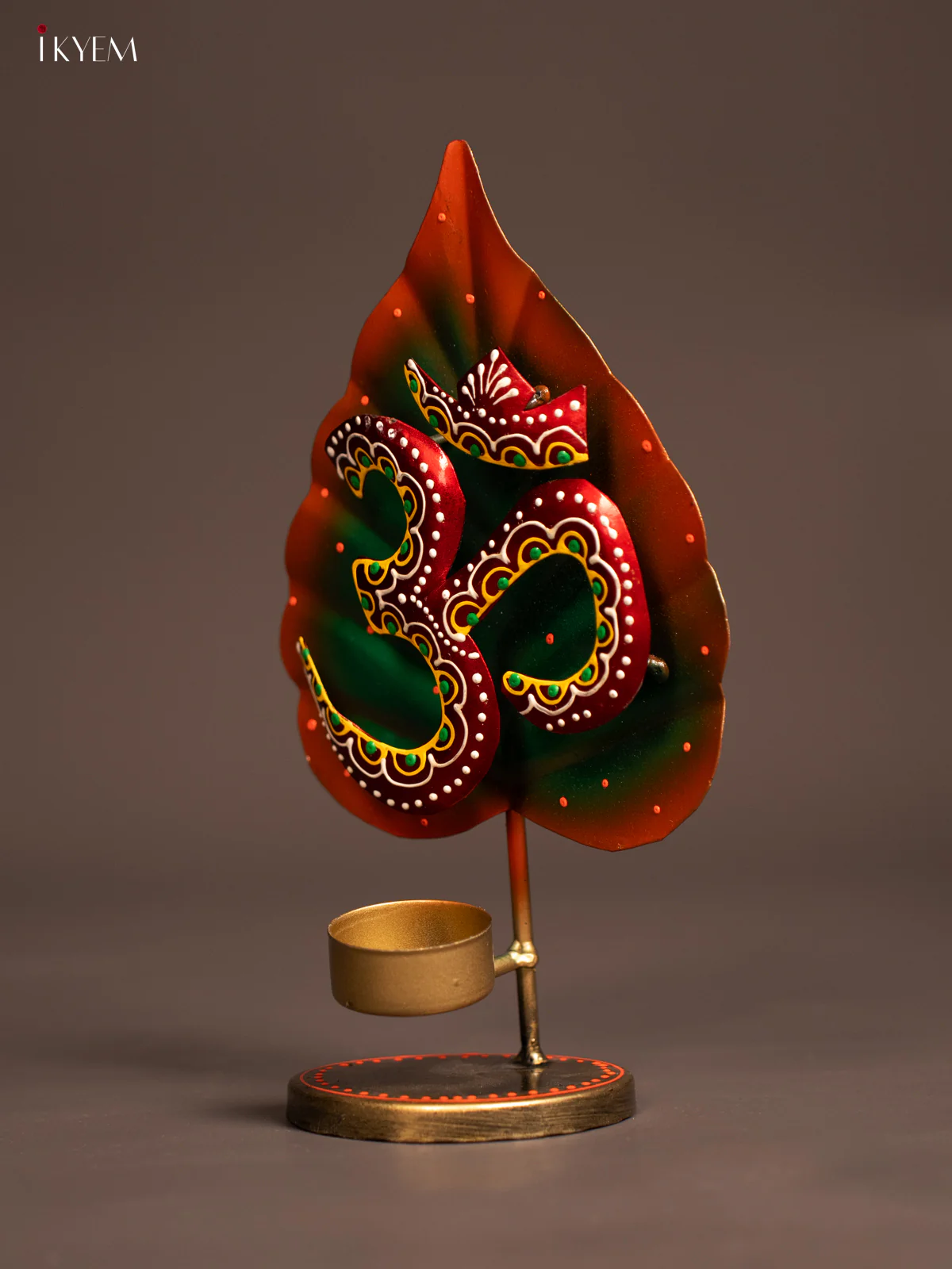 Hand-Painted Leaf Om Metal T-Light Candle Holder - 9.5 Inch - KE24119 - Image 4