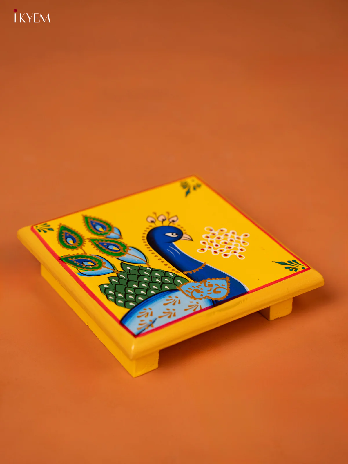 Peacock Hand-Painted Wooden Chowki - Yellow - (6×6) Inches - KE27124 - Image 3