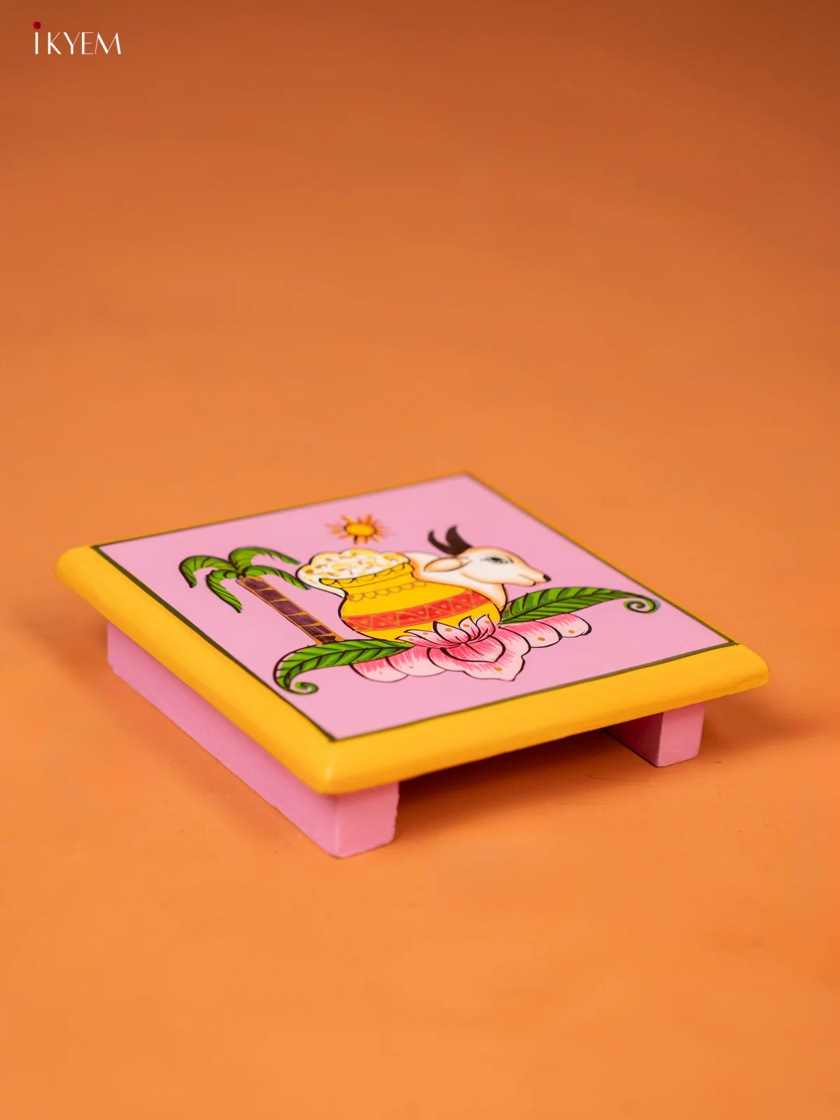 Pongal Hand-Painted Wooden Chowki - (6×6) Inches - KE27125 - Image 3