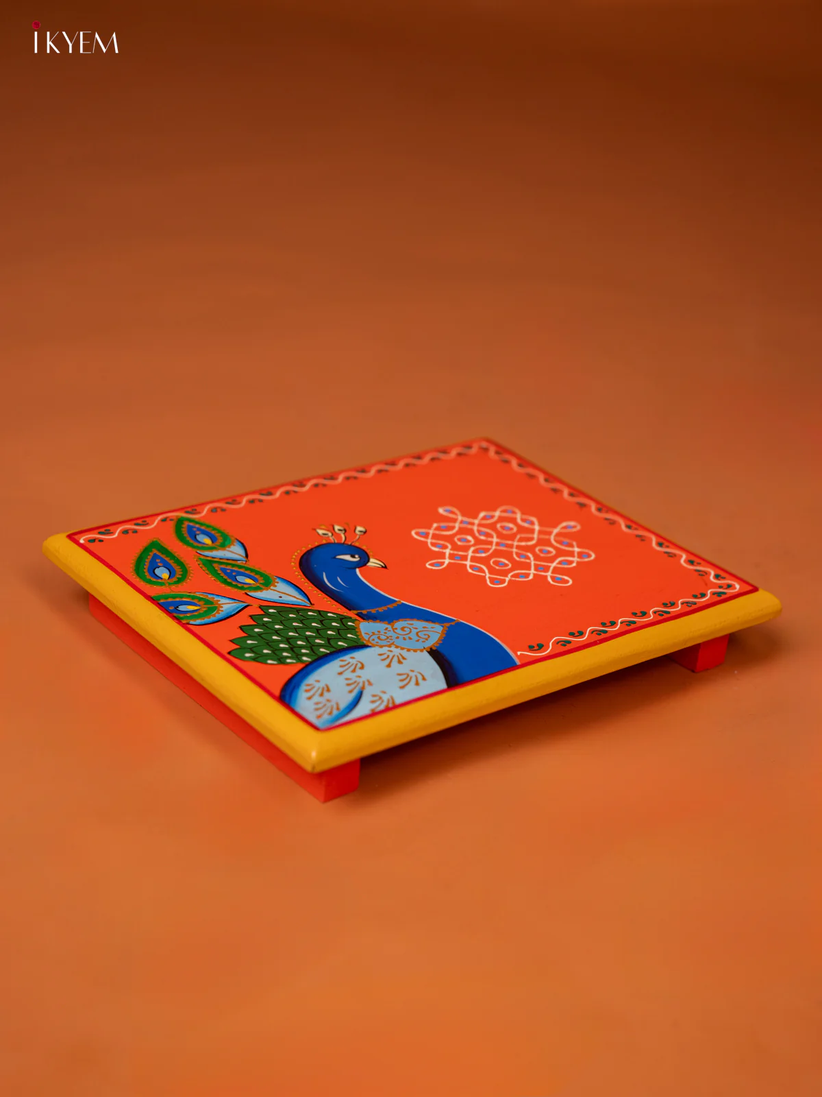 Peacock Hand-Painted Wooden Chowki - (10×8) Inches - KE27133 - Image 3