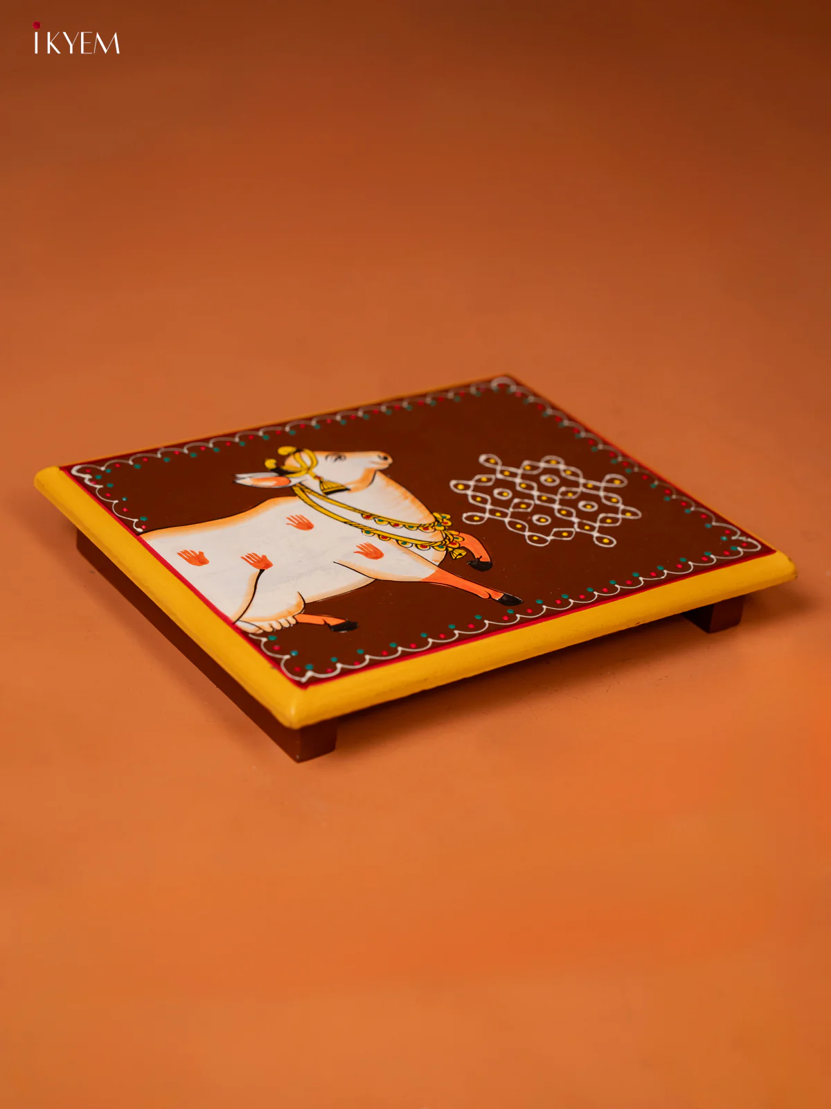 Cow Hand-painted Wooden Chowki - (10×8) Inches - KE27134 - Image 3