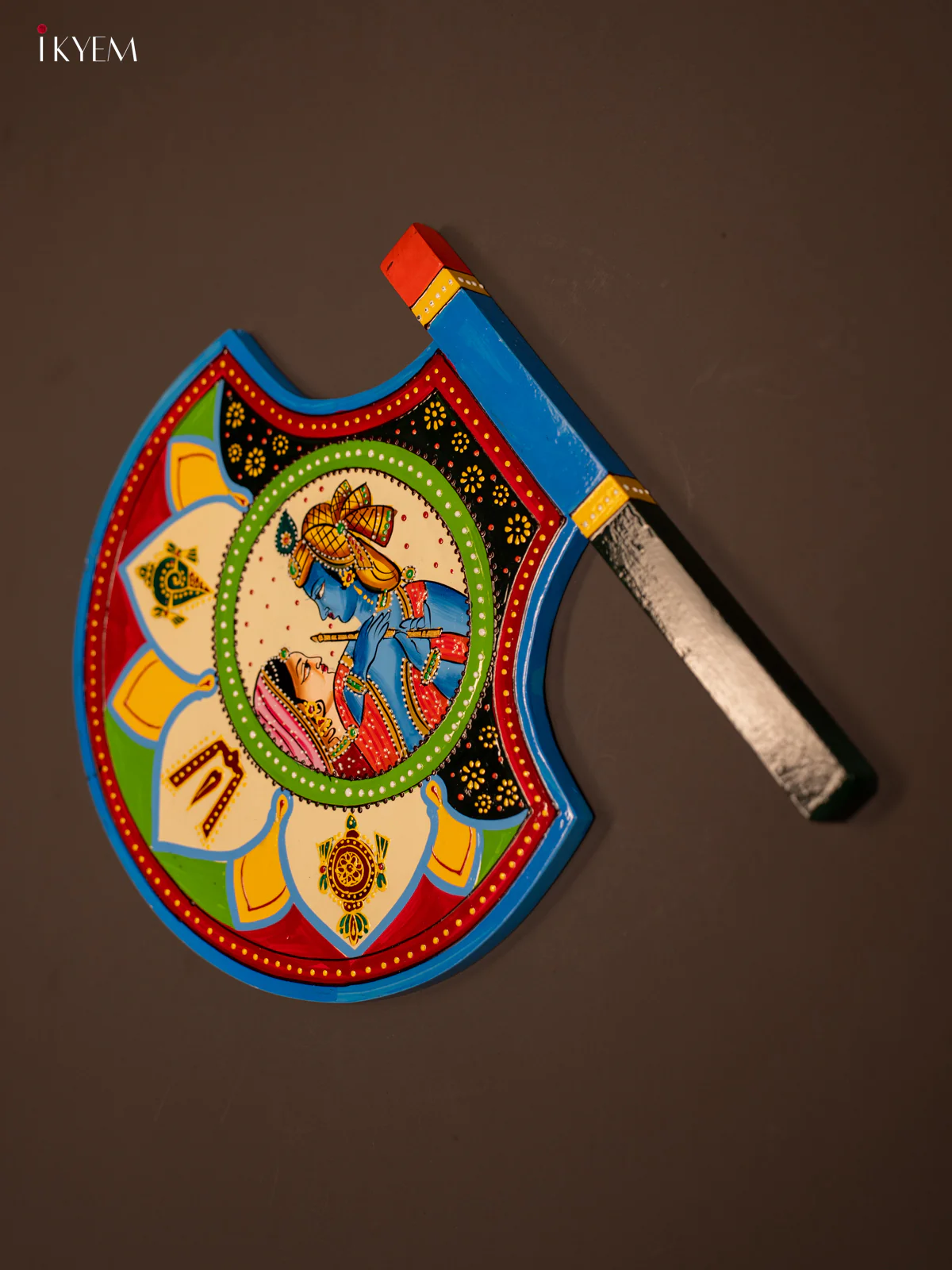 Hand-Painted Wooden Radha Krishna Wall Decor Fan - 13 Inches - KF07124 - Image 3