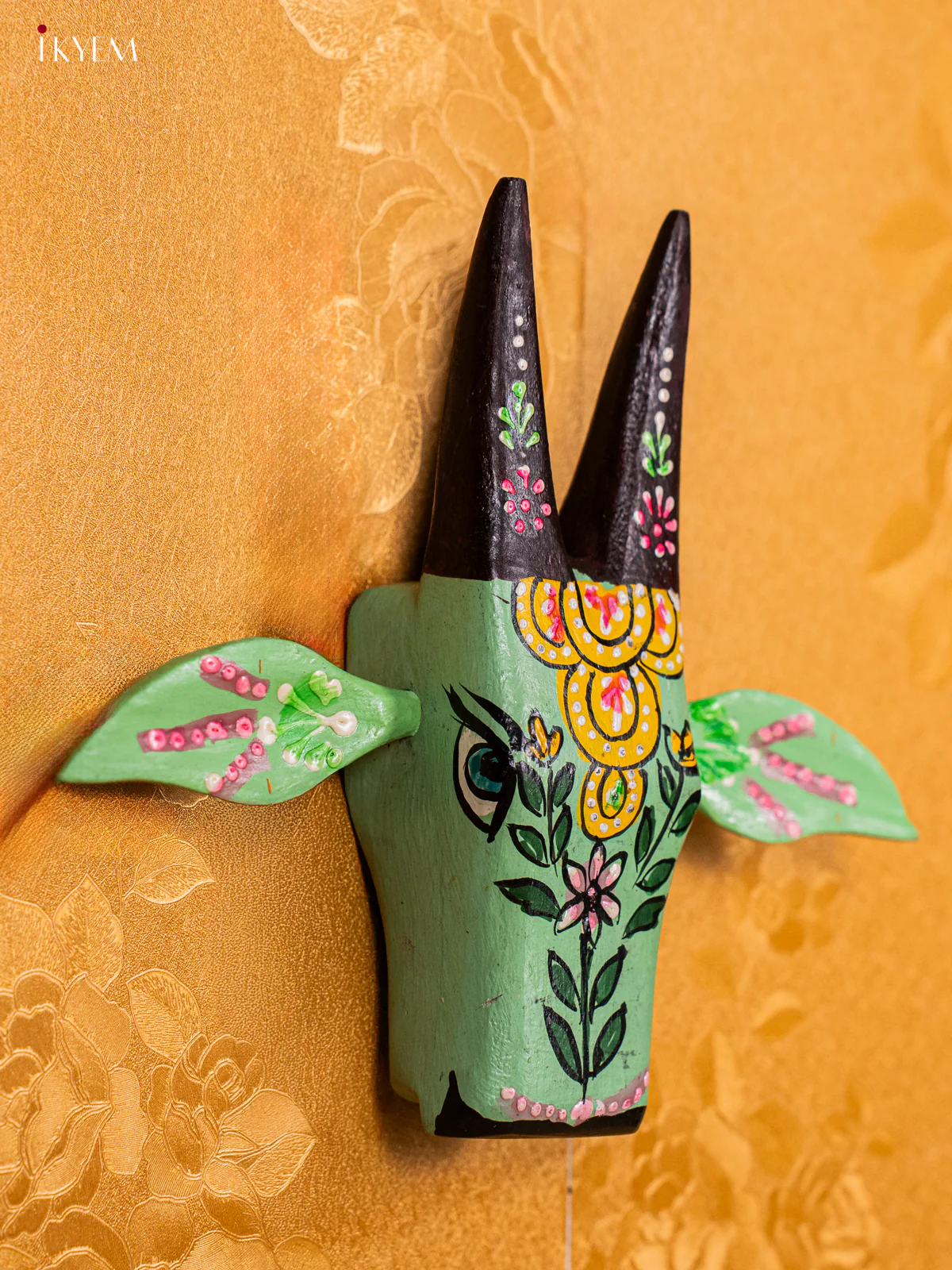 Green Hand-Painted Wooden Cow Head - 7 Inches - KG22121 - Image 3