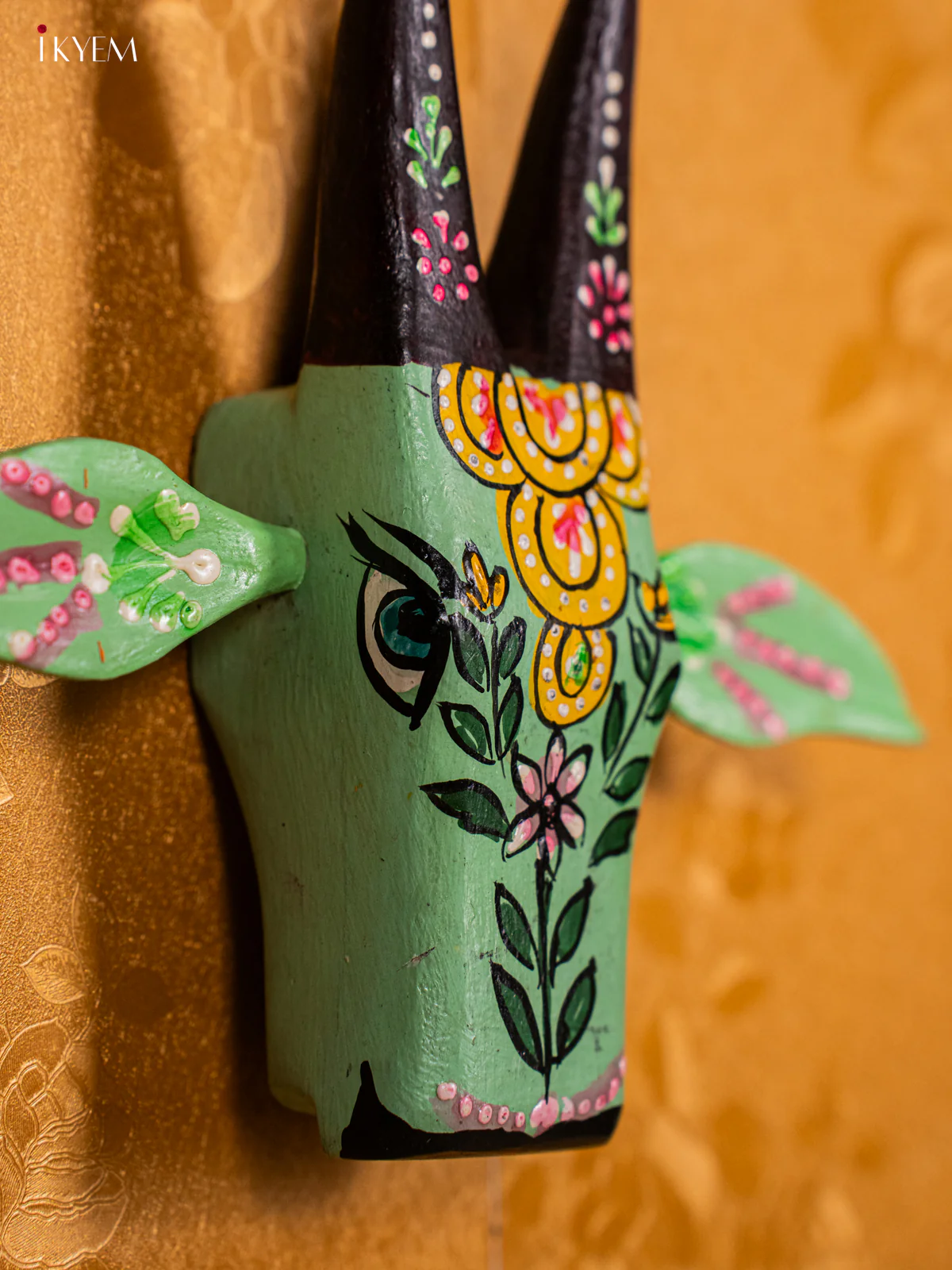 Green Hand-Painted Wooden Cow Head - 7 Inches - KG22121 - Image 4