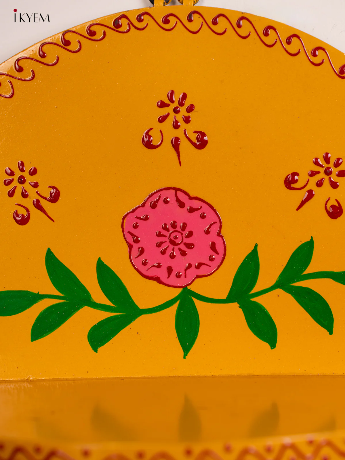 Hand-Painted Wooden Pooja Wall Self with Bell - Yellow - 10 Inches - KH12120 - Image 3