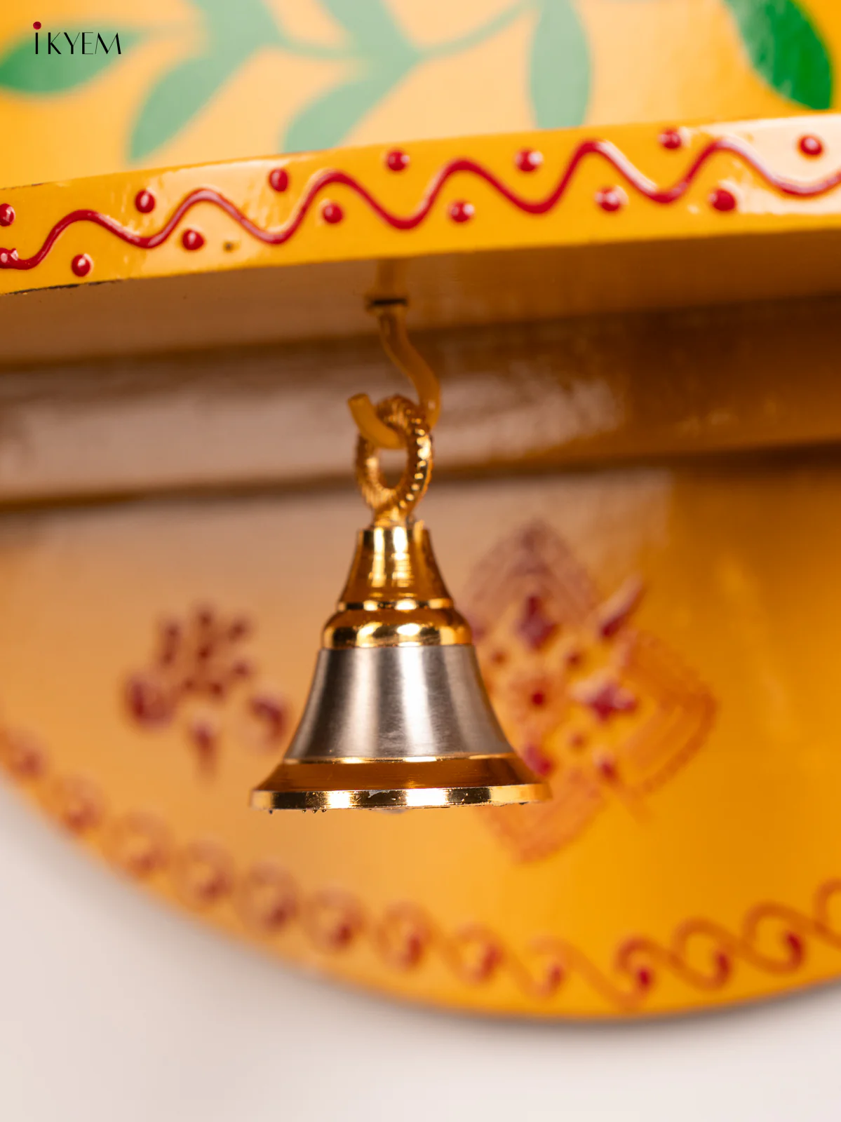 Hand-Painted Wooden Pooja Wall Self with Bell - Yellow - 10 Inches - KH12120 - Image 4