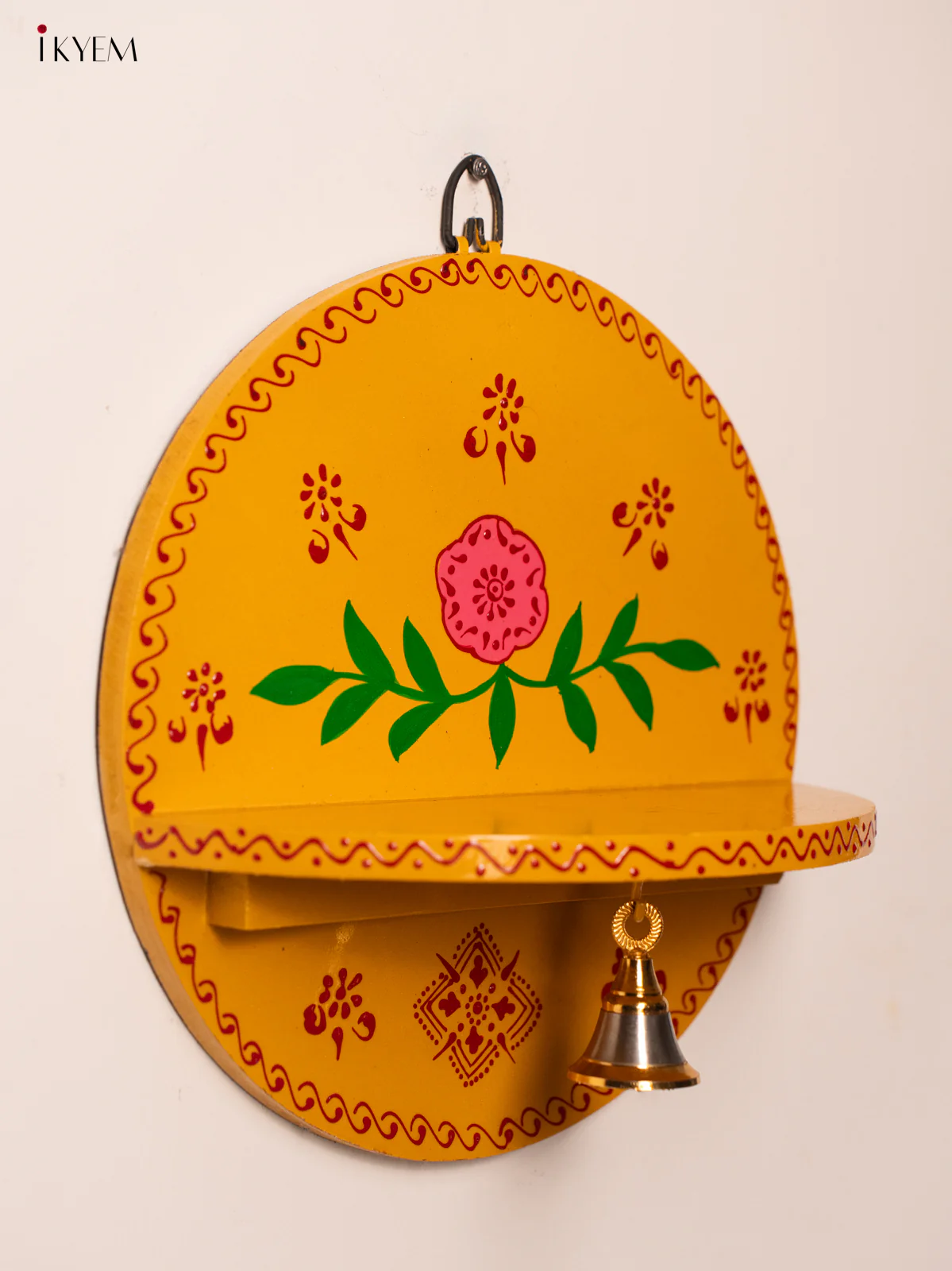 Hand-Painted Wooden Pooja Wall Self with Bell - Yellow - 10 Inches - KH12120 - Image 5