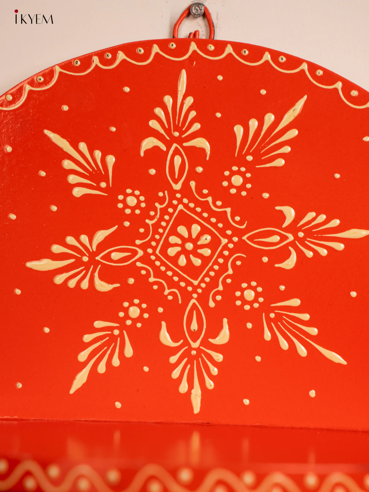 Hand-Painted Wooden Pooja Wall Self with Bell - Orange - 10 Inches - KH12121 - Image 3