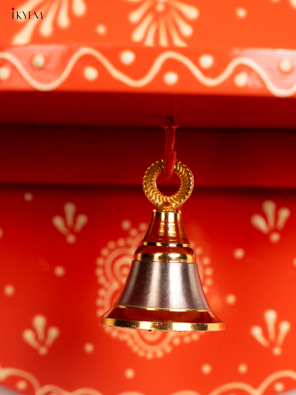 Hand-Painted Wooden Pooja Wall Self with Bell - Orange - 10 Inches - KH12121 - Image 4