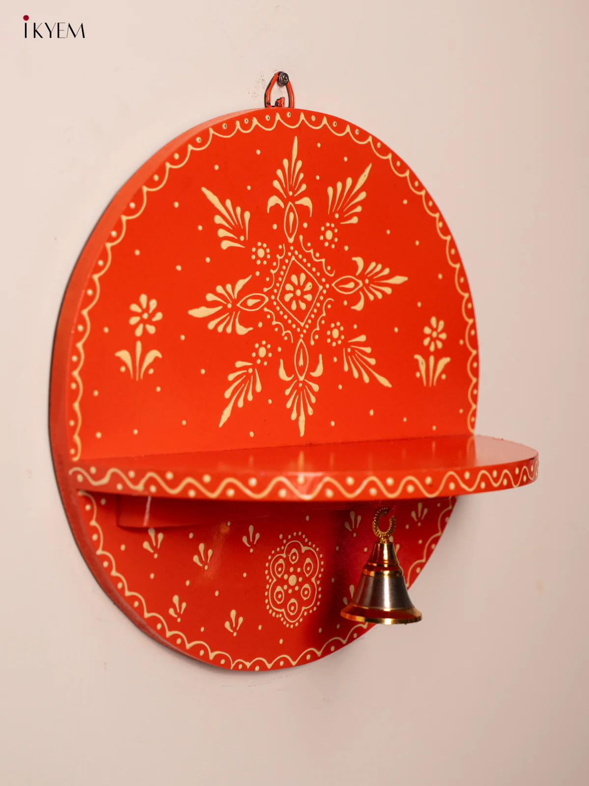 Hand-Painted Wooden Pooja Wall Self with Bell - Orange - 10 Inches - KH12121 - Image 5