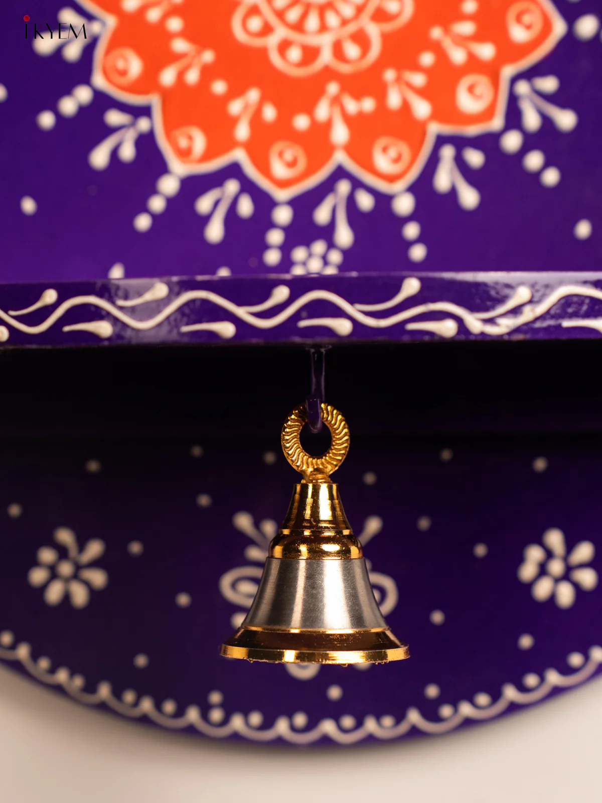 Hand-Painted Wooden Pooja Wall Self with Bell - Purple - 10 Inches - KH12122 - Image 3