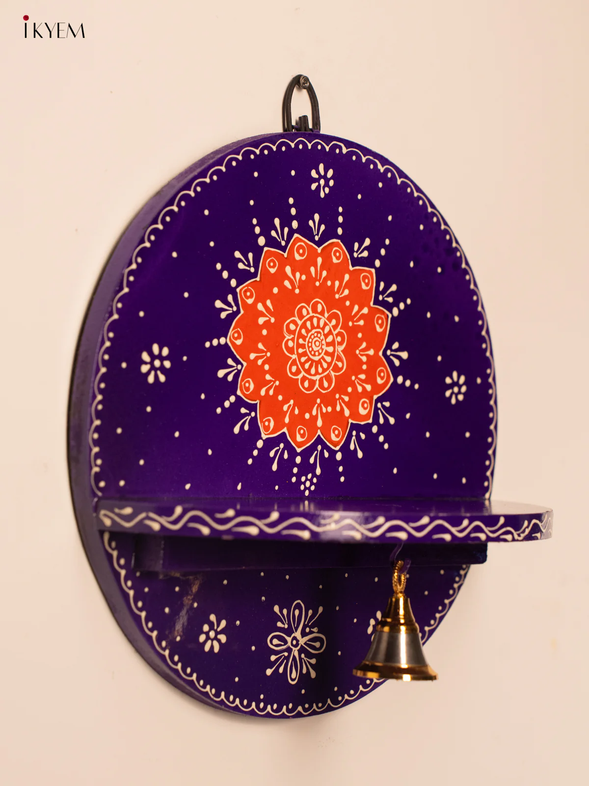 Hand-Painted Wooden Pooja Wall Self with Bell - Purple - 10 Inches - KH12122 - Image 5