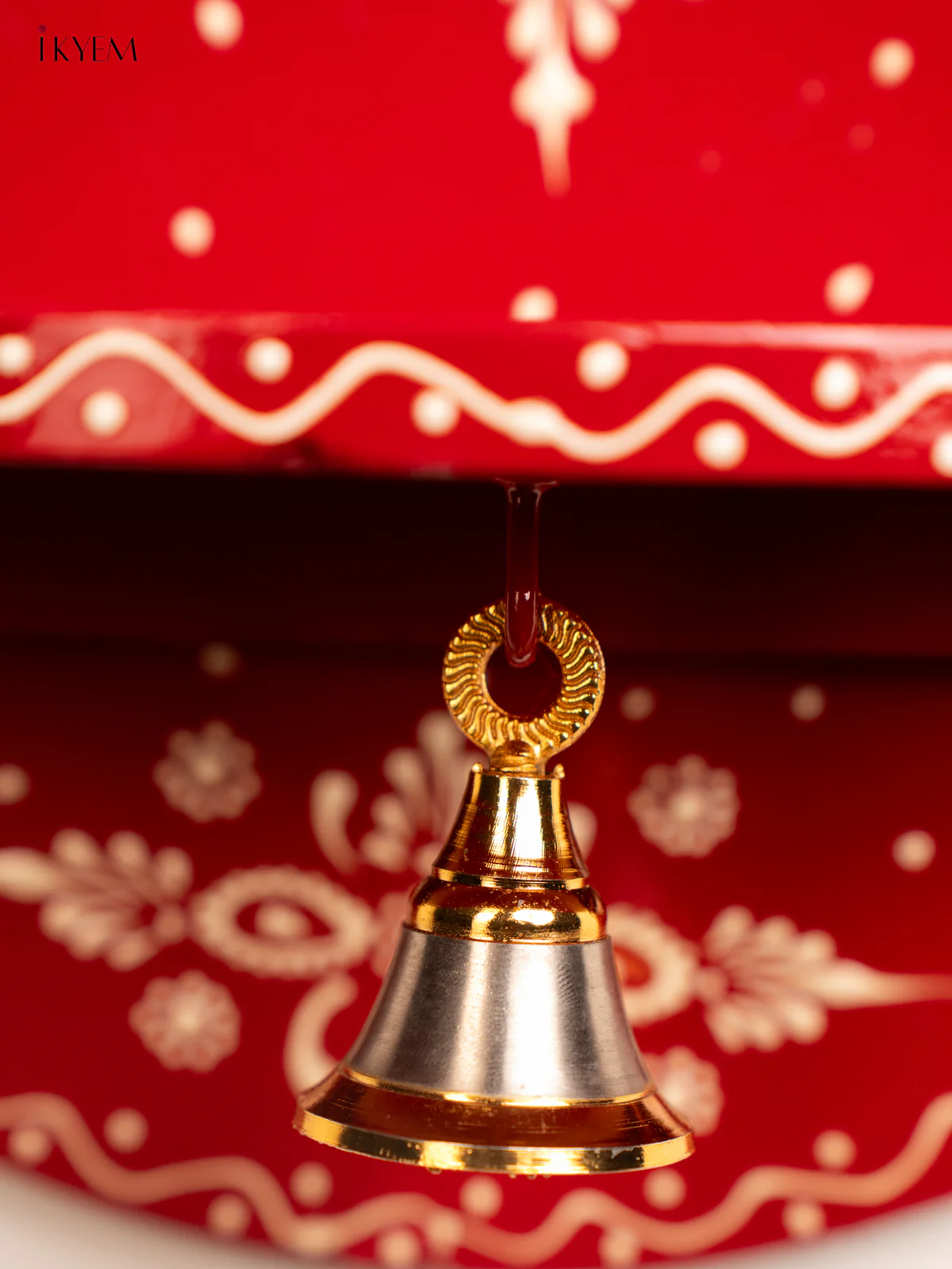 Hand-Painted Wooden Pooja Wall shelf with Bell - Red - 10 Inches - KH12123 - Image 3
