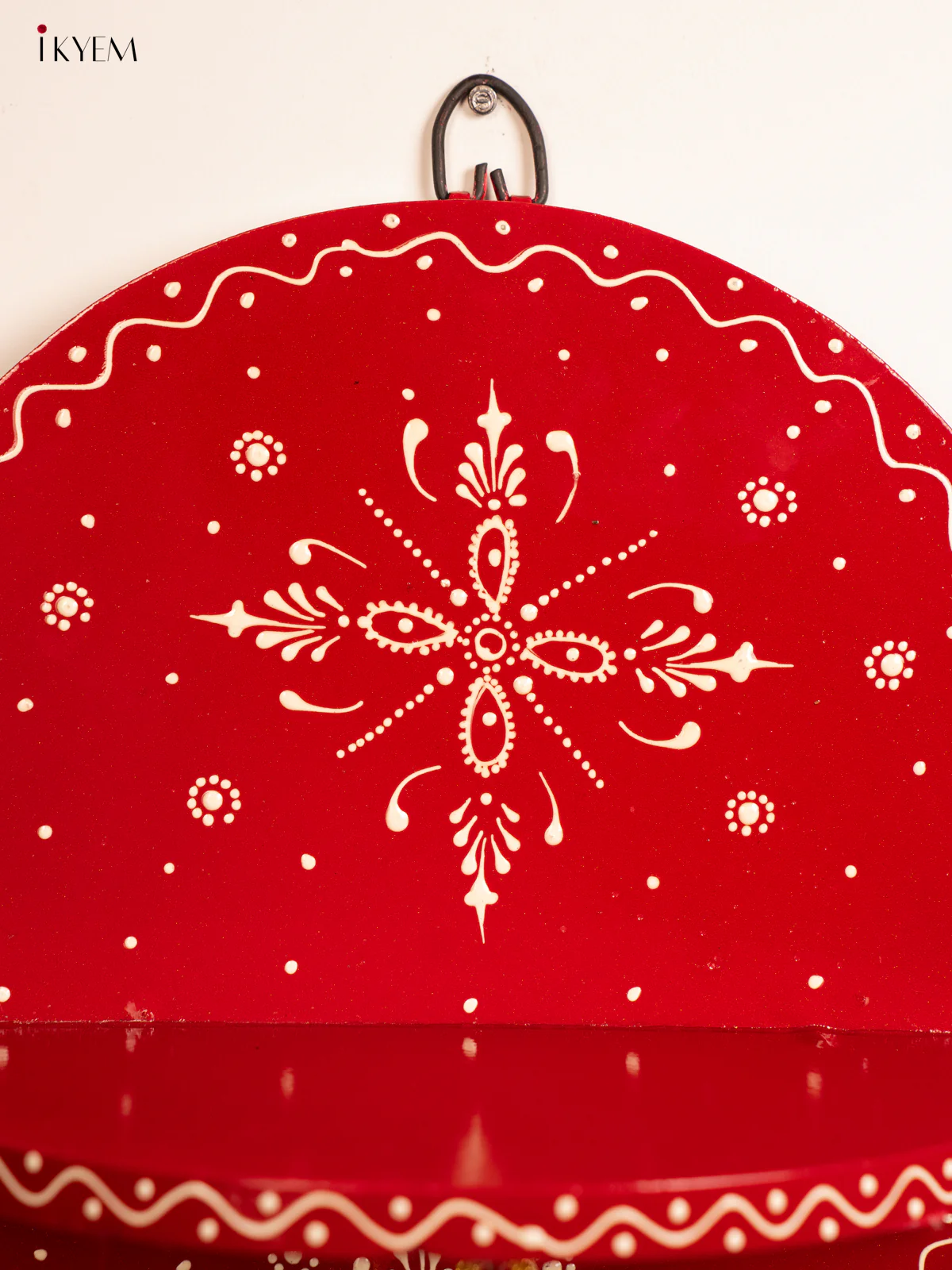 Hand-Painted Wooden Pooja Wall shelf with Bell - Red - 10 Inches - KH12123 - Image 4
