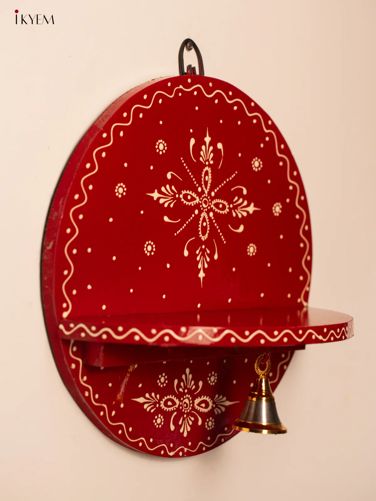 Hand-Painted Wooden Pooja Wall shelf with Bell - Red - 10 Inches - KH12123 - Image 6