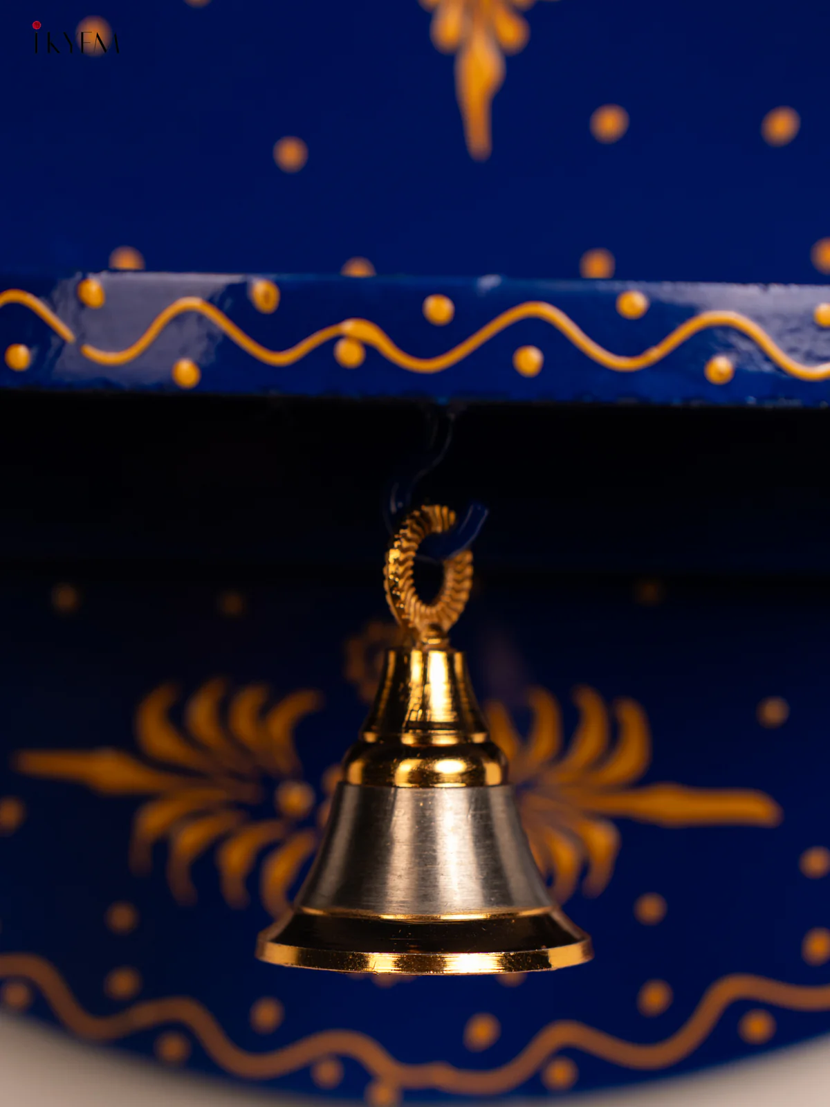 Hand-Painted Wooden Pooja Wall Self with Bell - Blue - 10 Inches - KH12124 - Image 4