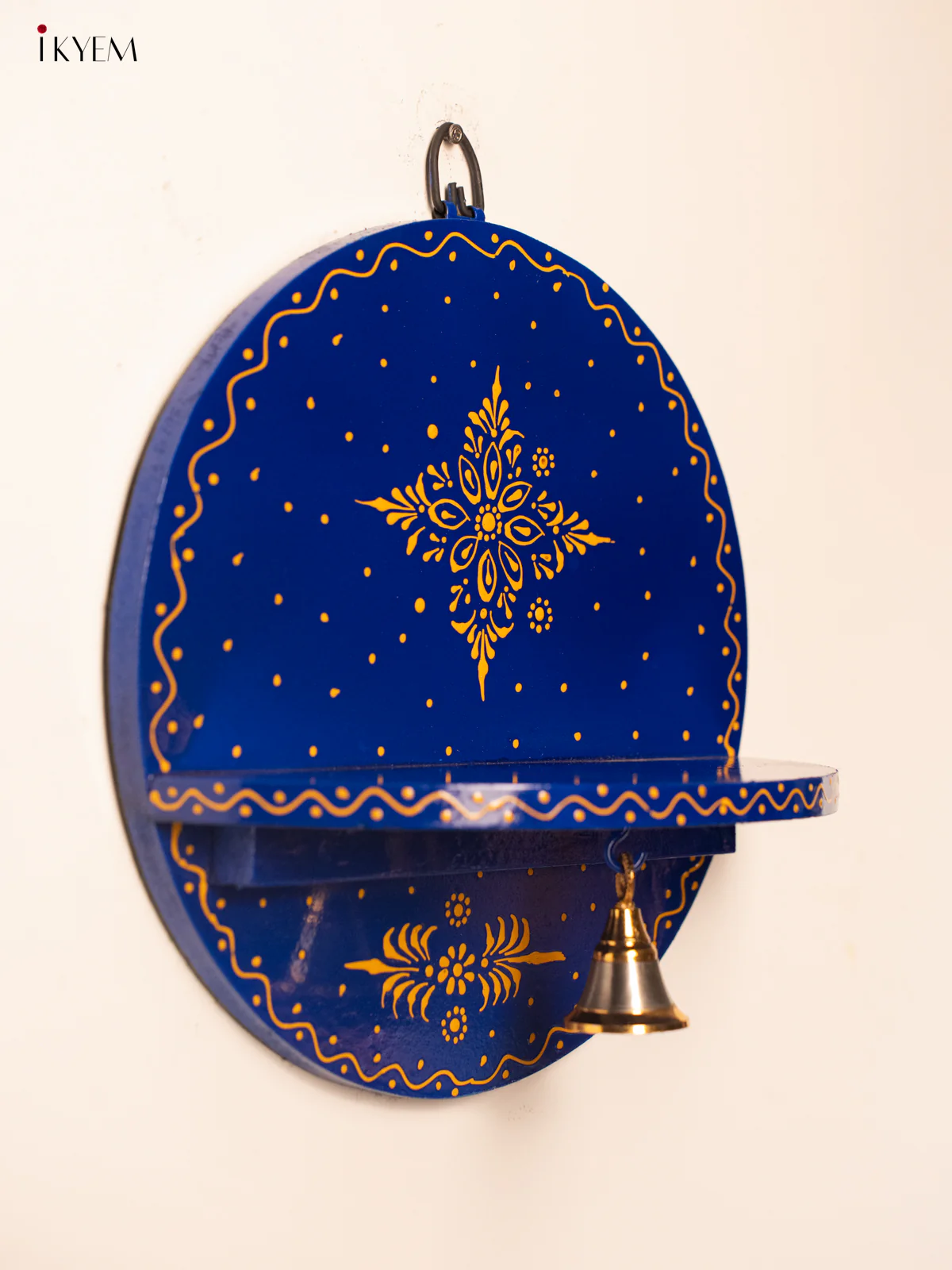 Hand-Painted Wooden Pooja Wall Self with Bell - Blue - 10 Inches - KH12124 - Image 5