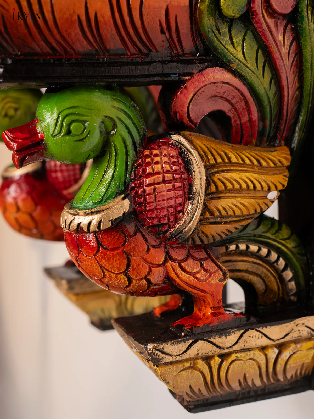 Wooden Hand Carved Painted Elephant & Peacock Wall Bracket - KH30121 - Image 3