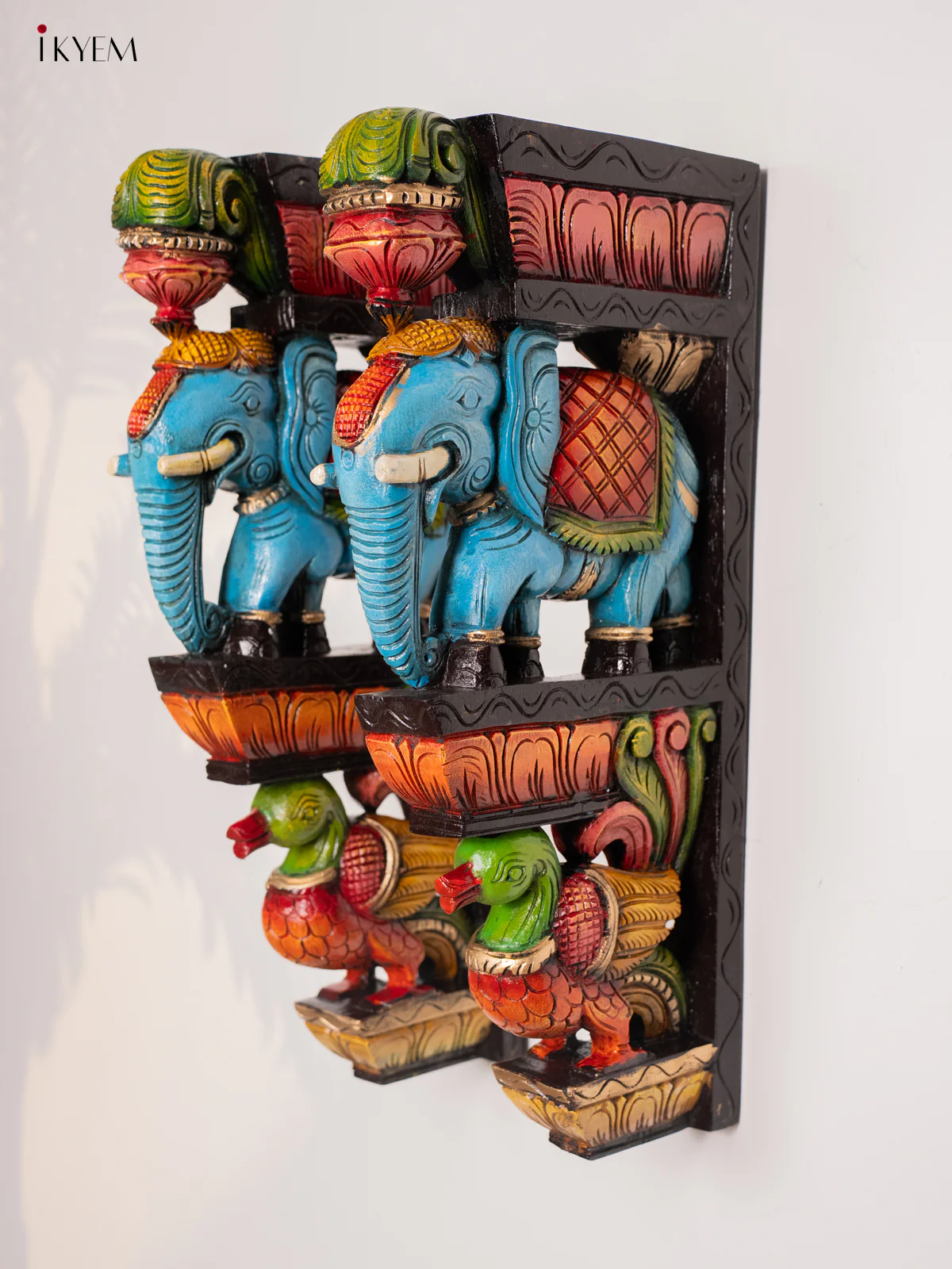 Wooden Hand Carved Painted Elephant & Peacock Wall Bracket - KH30121 - Image 5