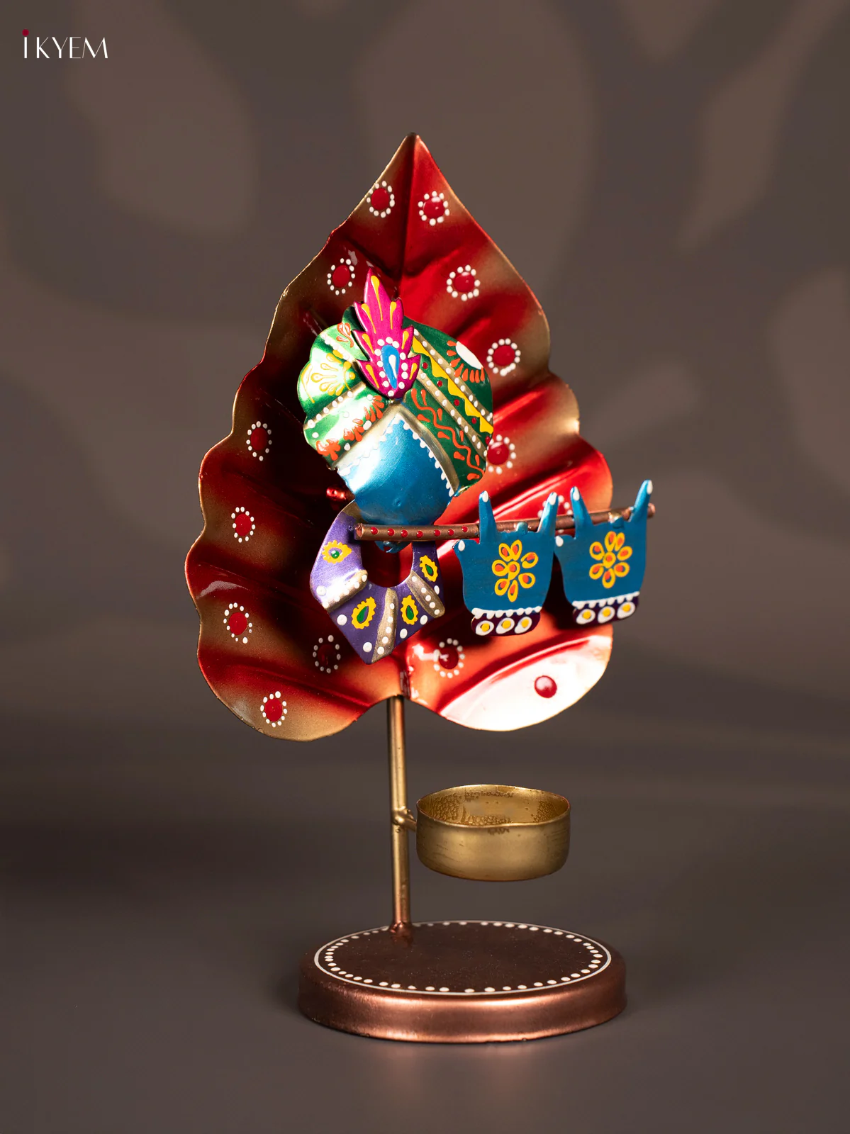 Metal Hand painted Leaf Krishna T - Light Candle Holder - Red - Image 4