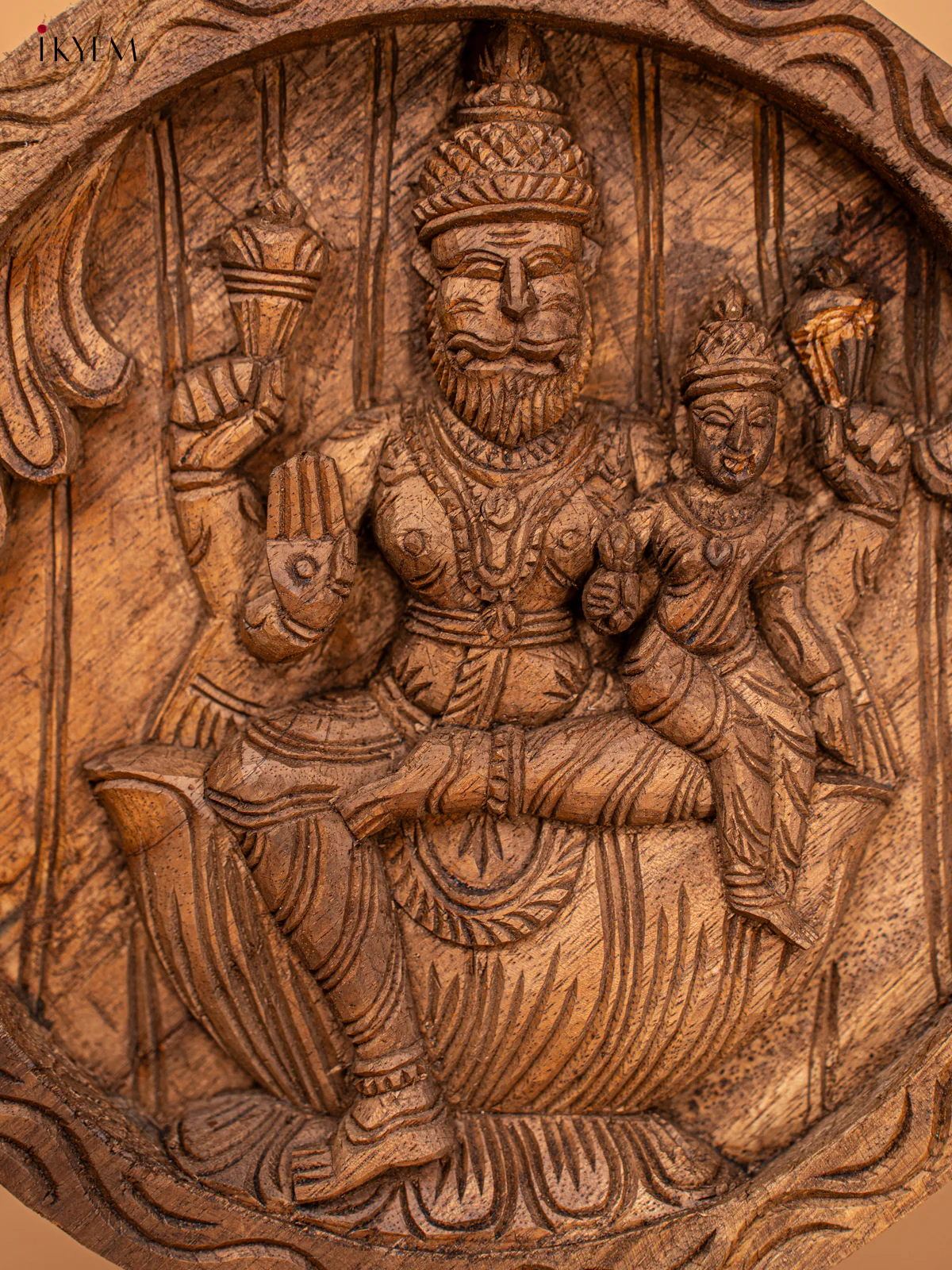 Hand-Carved Wooden Lakshmi Narasimhar Panel - 17 Inch - KM04111 - Image 3